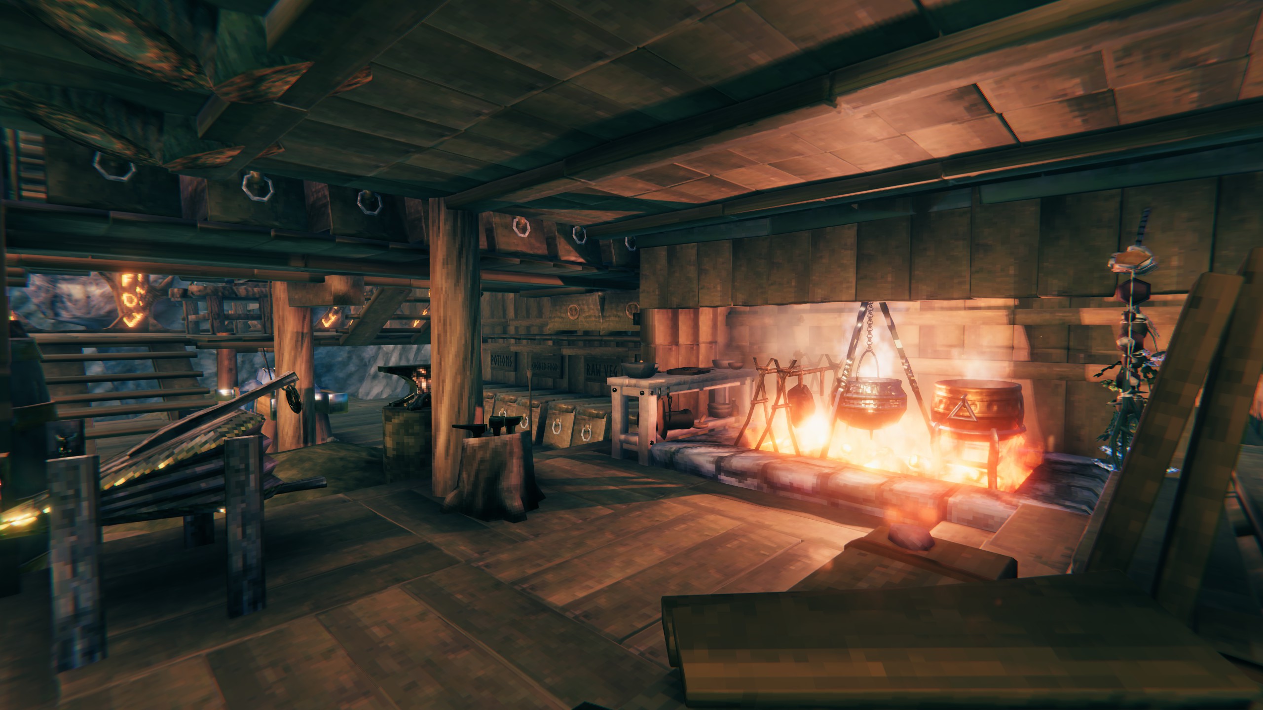 The first base kitchen: a chained cauldron over the hearth and sacks labelled for potions, barley flour and raw vegetables.