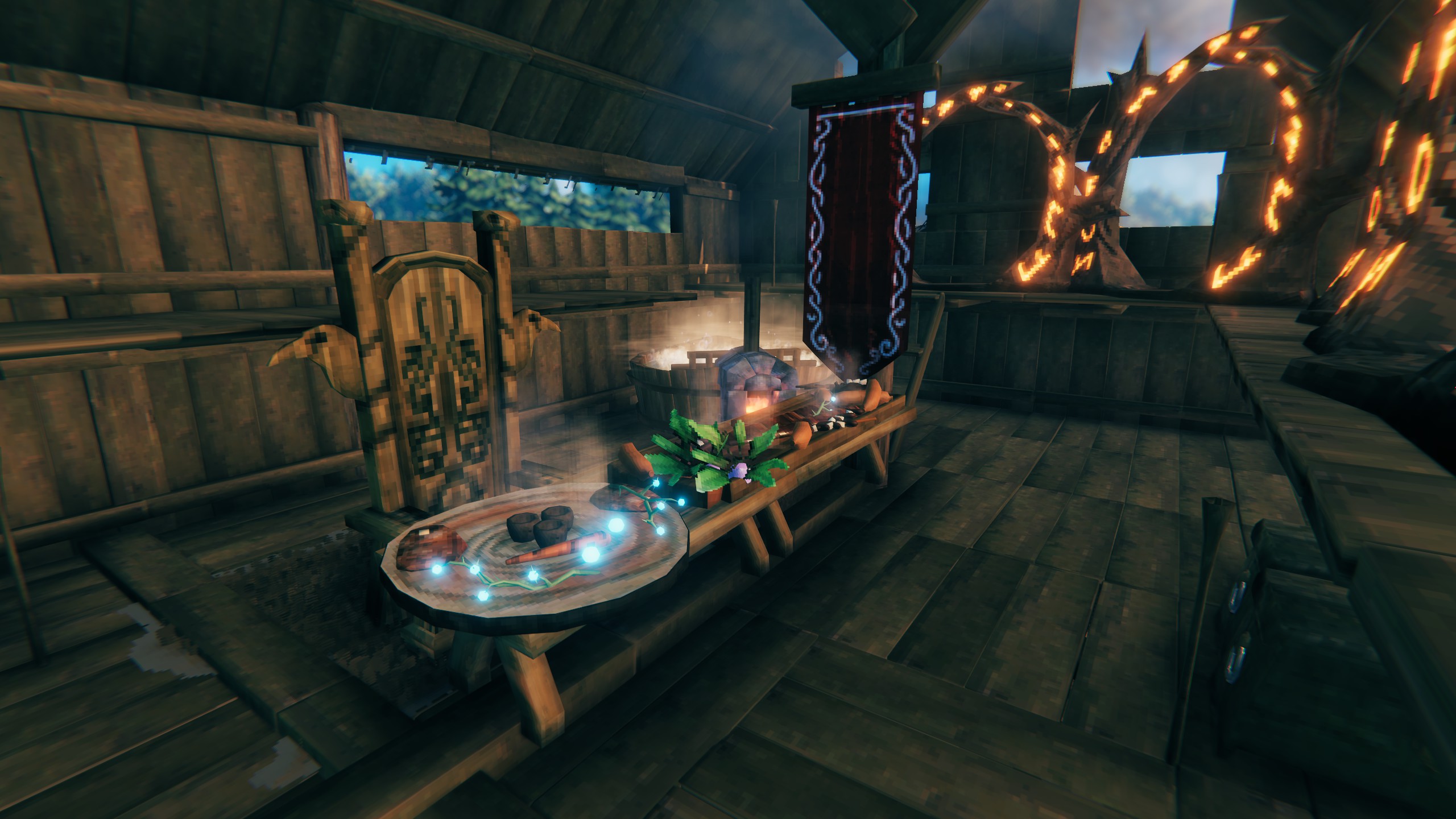 The crew's first feasts inside the longhouse.