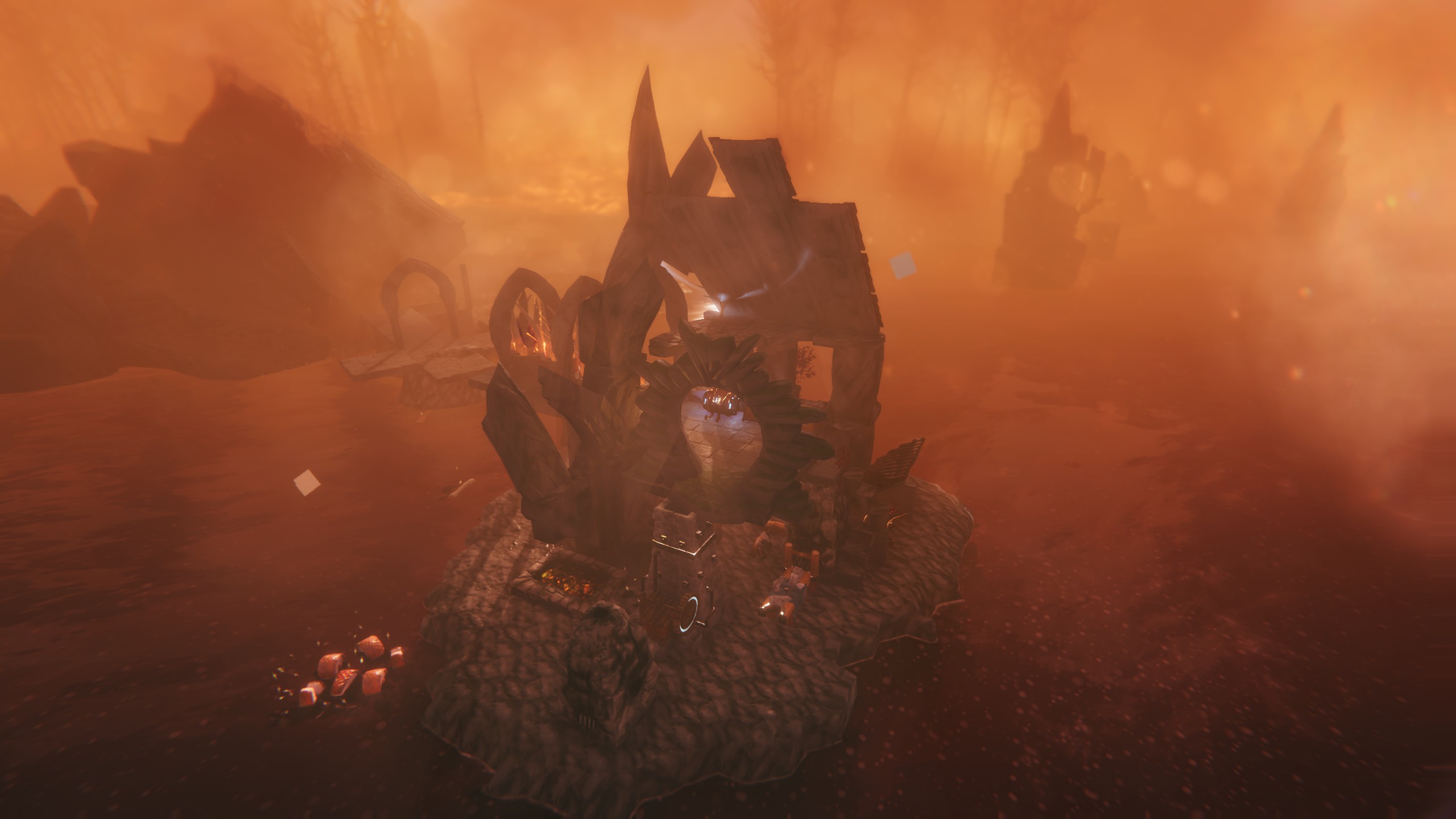 The Ashlands: a charred ruin altar standing in orange ash haze.
