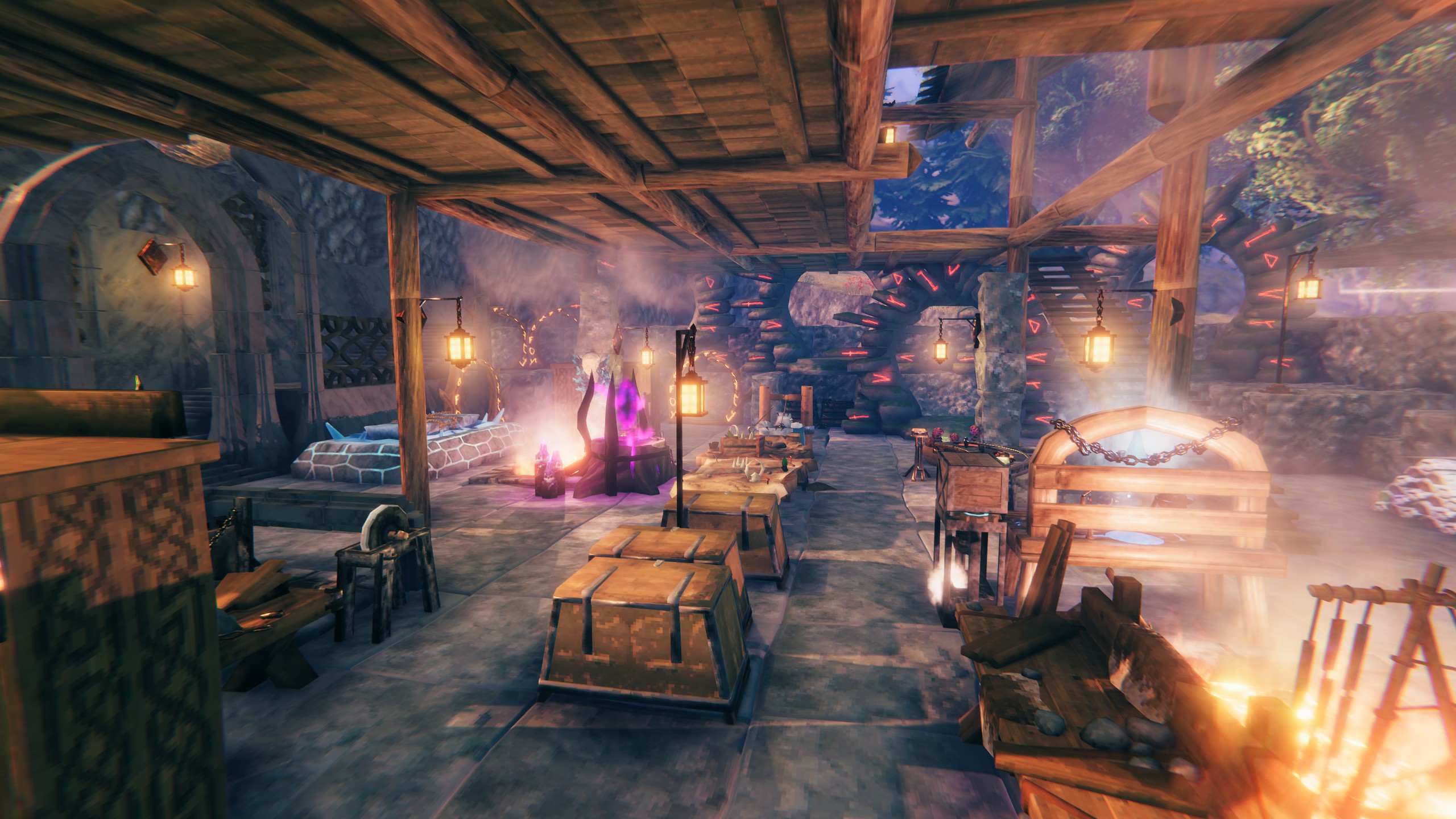 Inside the final base: a stone-framed portal beside the forge, grindstone and work table.
