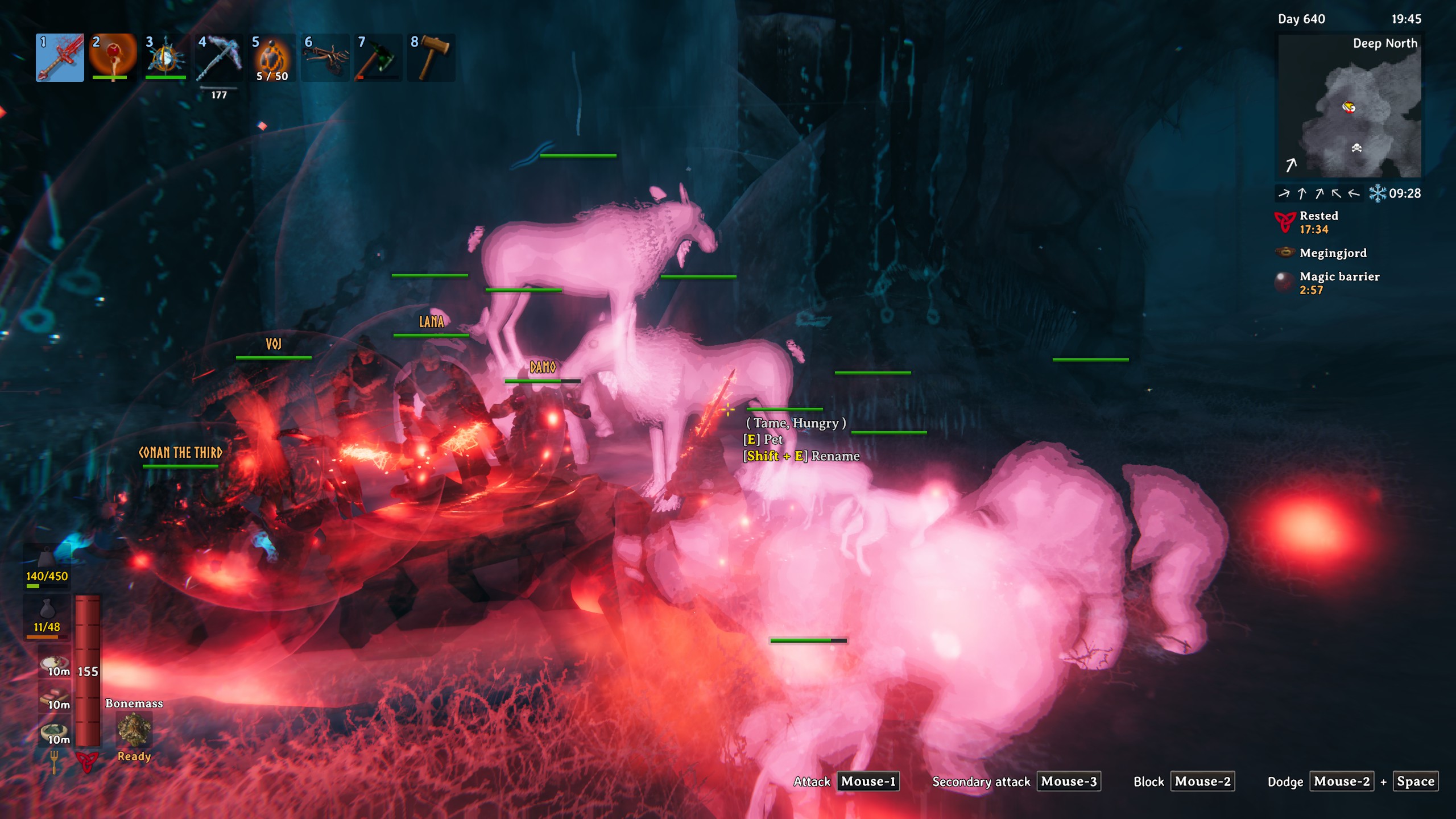 The complete group gathered in the Deep North before the final battle, beside tamed creatures and a magic barrier.