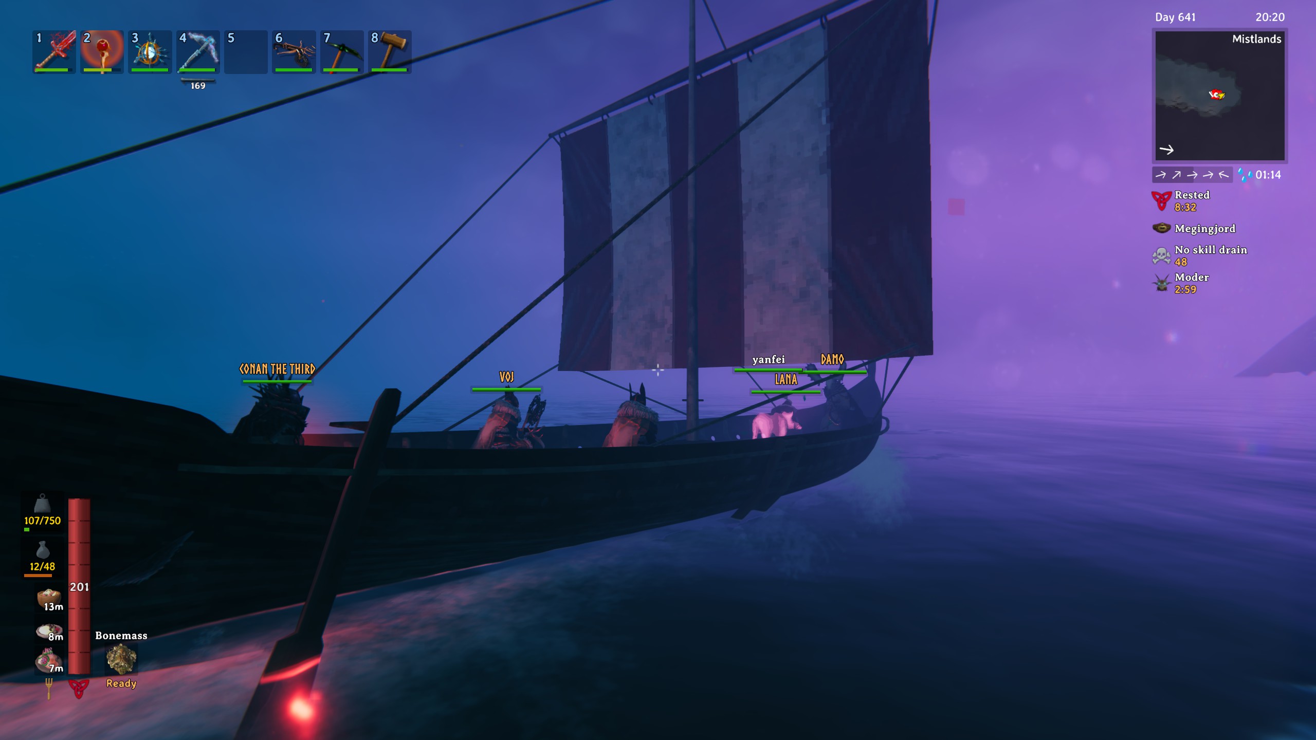 The party aboard a longship returning Sacrificial Blood to base through the Mistlands to complete Valheim.