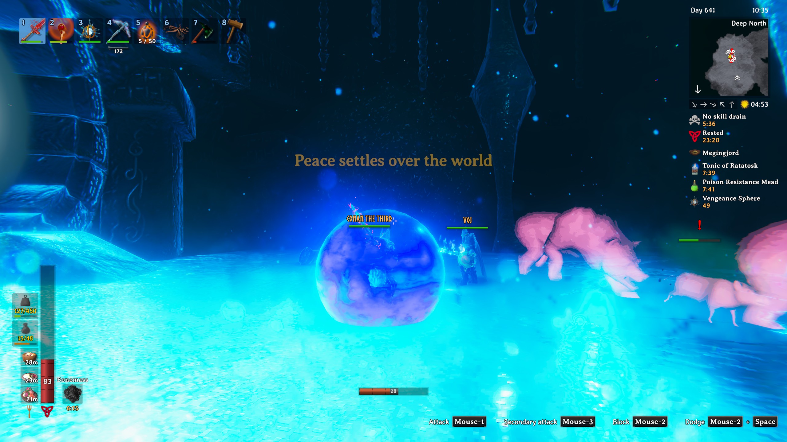 Valheim victory message reading Peace settles over the world in the Deep North after the final boss is killed.